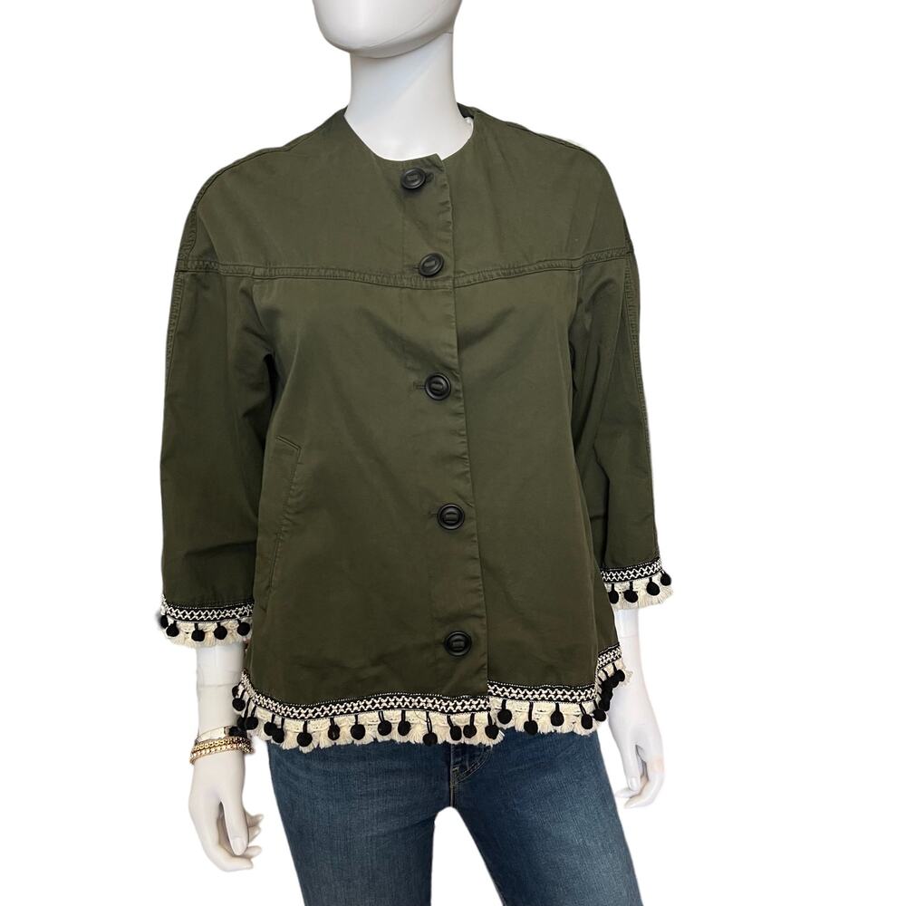 Zara Olive Army Green Twill Pom Pom 3/4 Sleeve Lightweight Jacket, XS